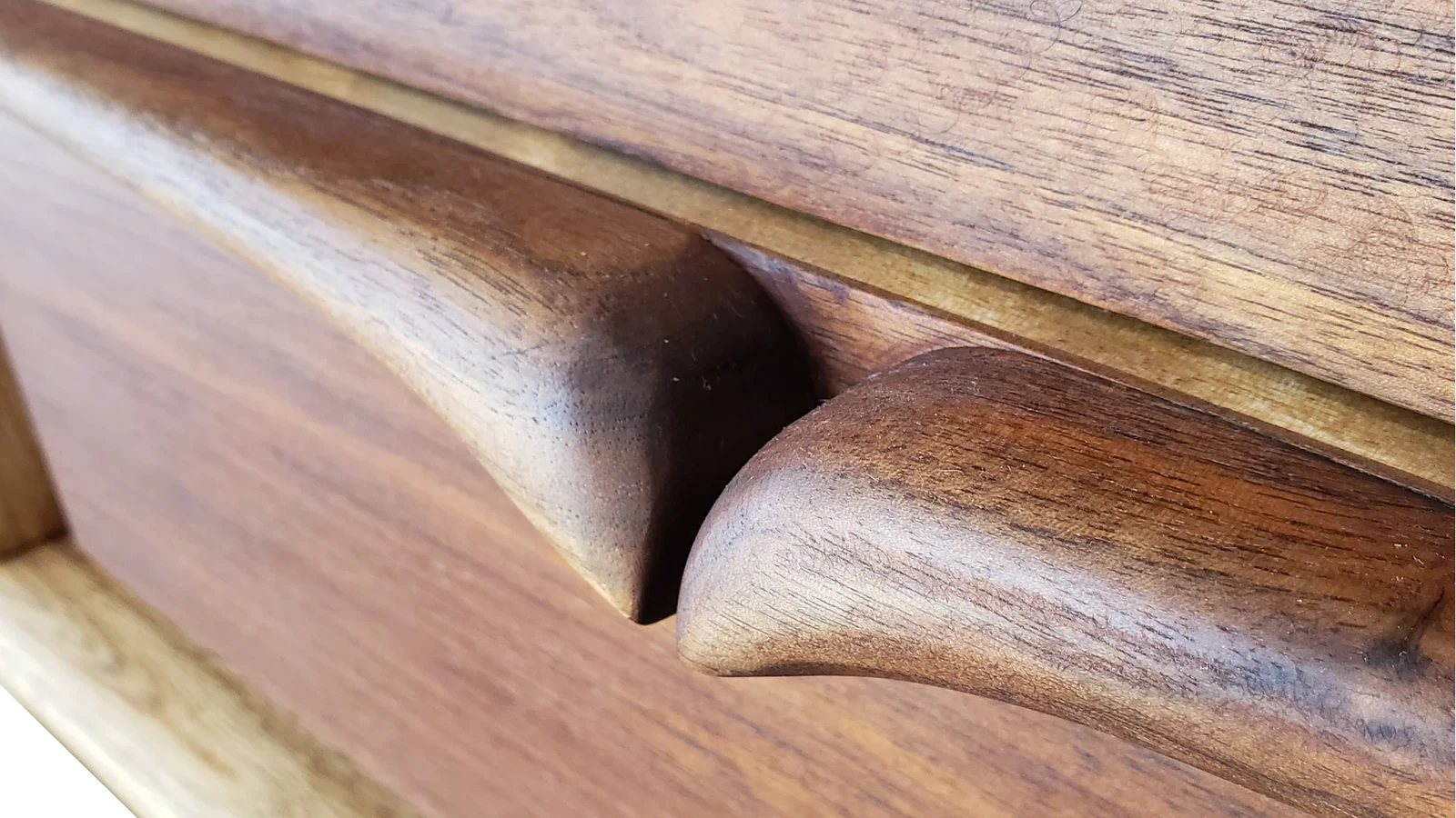 Walnut joinery detail — Lords of Lorne mid-century furniture restoration, Ketchum Idaho