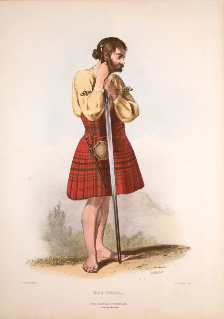 Mac Dugal — R.R. McIan lithograph from Clans of the Scottish Highlands, Ackermann and Co, London, 1845. Dalriada tartan.